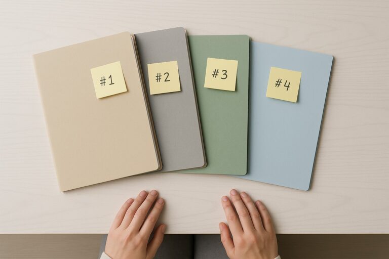 Top-down foto af SMV-ejers hænder ved lyst bord med farvede mapper, hver med gul sticky note #1–#4.
