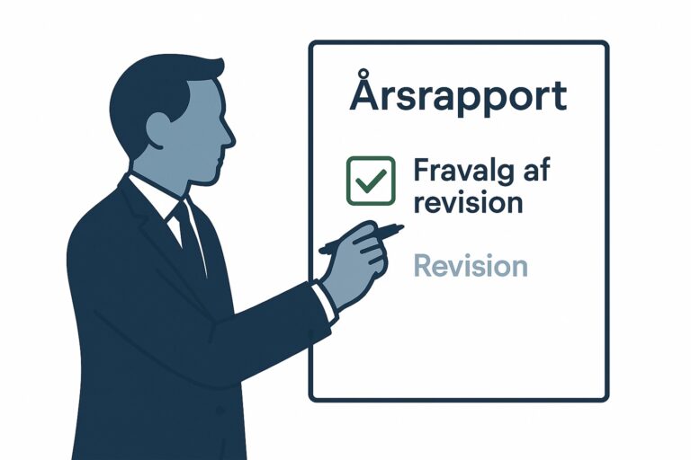 Virksomhedsejer markerer checkboks ‘Fravalg af revision’ på årsrapport; grønt flueben og nedtonet ‘Revision’-felt.