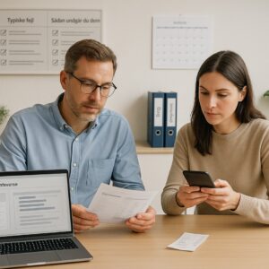 Bogholder gennemgår bogføringsloven og digitale krav med laptop, kvitteringsscanning og tjeklister i lyst nordisk kontor.