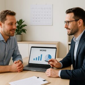 Virksomhedsejer og revisor planlægger korrekt momsindberetning ved laptop med kalender over momsfrister.