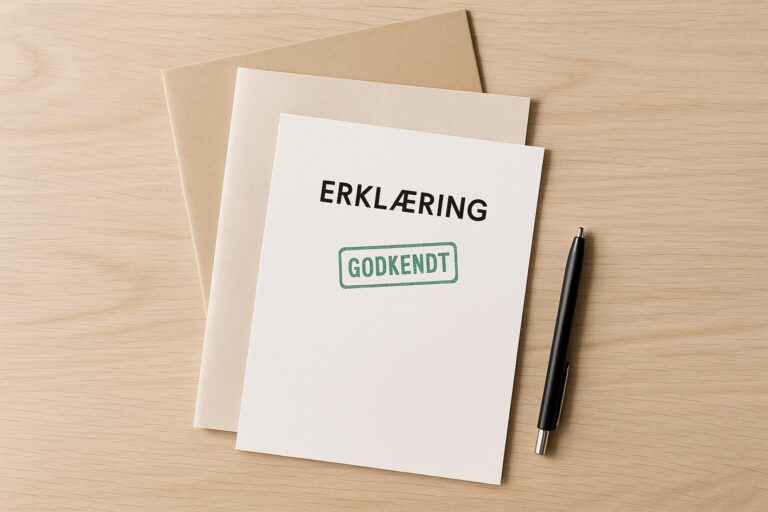 Mappe ligger let skævt ovenpå et dokument, så kun ‘Erklæring’ og ‘GODKENDT’