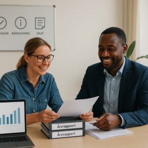 Virksomhedsejer i møde med revisor i lyst nordisk kontor med laptop og enkle regnskabsgrafer.