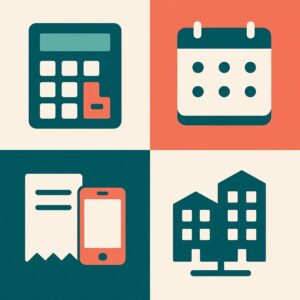 Illustreret skat-overblik med ikoner for frister, fradrag/dokumentation, digitale bilag og sambeskatning.