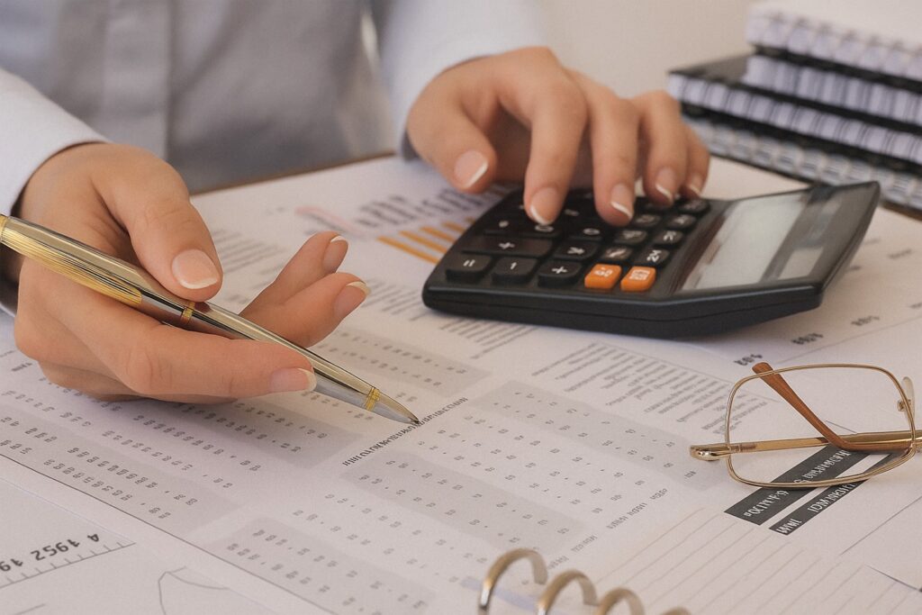 Bogholder arbejder med regnskab, tal og beregninger på kontor med lommeregner og regnskabspapirer