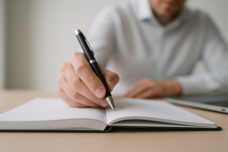 Lav vinkel tæt på åben notesbog uden synlig tekst, hånd med pen i fokus og revisor i blød baggrund i lyst nordisk kontor.