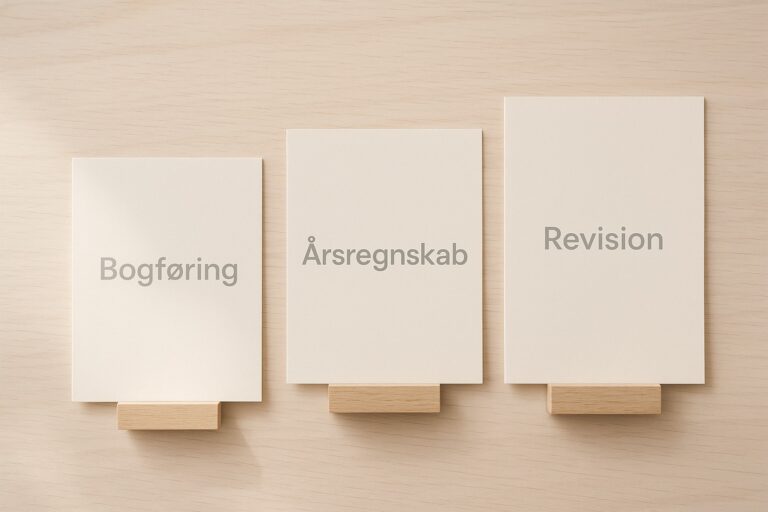 Tre neutrale kort med teksten Bogføring, Årsregnskab og Revision, arrangeret i stigende højde på lyst bord i nordisk, minimalistisk stil.