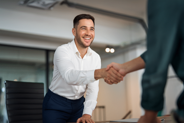 Smilende revisor i Roskilde giver hånd til virksomhedsejer på kontor.